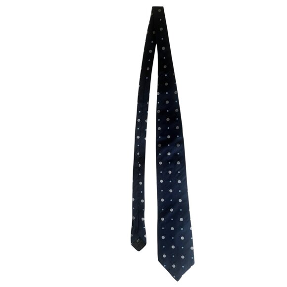 Oroton Silk Navy Blue Tie With Silver & Blue Polka Dots - Picture 1 of 8
